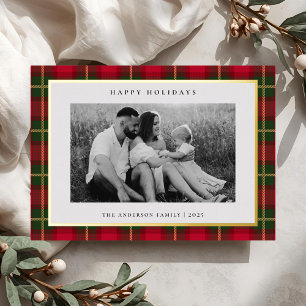 Tarjeta Festiva Con Relieve Metalizado Tartan de Navidad a cuadros foto familiar a dos ca