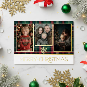 Tarjeta Festiva Con Relieve Metalizado Tartan Rojo y Verde Cuadros Navideños Feliz Navida