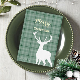 Tarjeta Festiva Con Relieve Metalizado Tartan Verde de Navidad y Ciervo