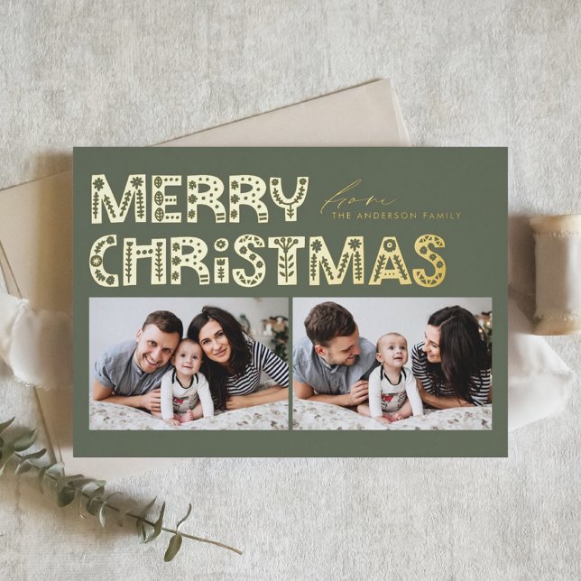 Tarjeta Festiva Con Relieve Metalizado Taupe Green Scandinavian Dos Navidades de fotograf (Subido por el creador)
