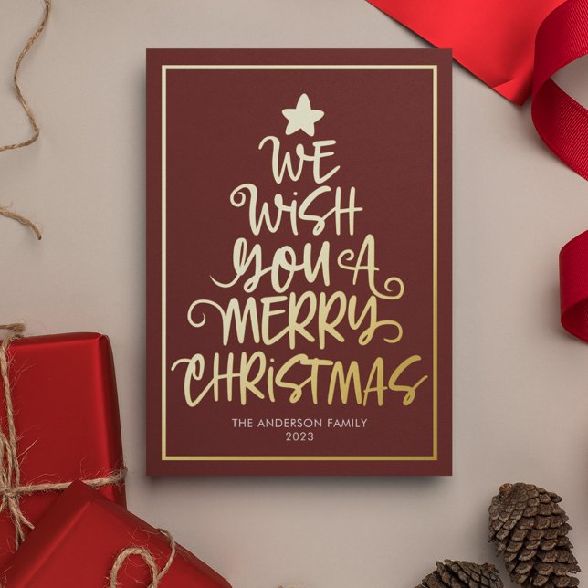 Tarjeta Festiva Con Relieve Metalizado Te Deseamos Una Feliz Navidad Diversión Roja (Gold Foil We Wish You A Merry Christmas Card)
