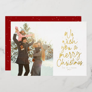 Tarjeta Festiva Con Relieve Metalizado Te deseamos una Feliz Navidad foto dorada roja