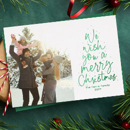 Tarjeta Festiva Con Relieve Metalizado Te deseamos una Feliz Navidad foto verde