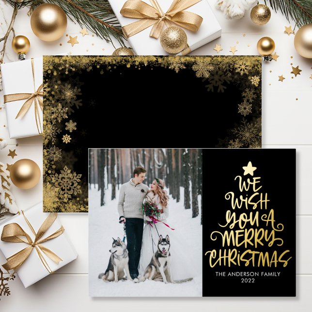 Tarjeta Festiva Con Relieve Metalizado Te Deseamos Una Feliz Navidad Fun Fotografía (We Wish You A Merry Christmas Black Fun Photo Foil Holiday Card)