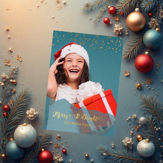 Tarjeta Festiva Con Relieve Metalizado teal Merry & Bright Christmas Photo gold (Subido por el creador)