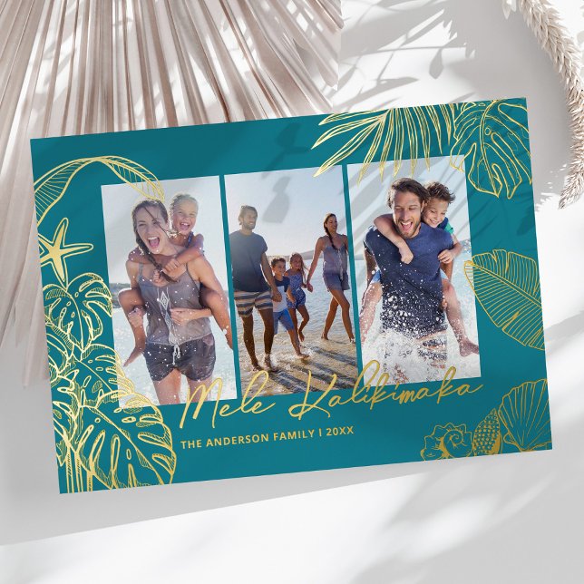 Tarjeta Festiva Con Relieve Metalizado Teal Photo Collage Hawaiian Christmas (Subido por el creador)