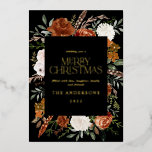 Tarjeta Festiva Con Relieve Metalizado Terracota negra floral botánico elegante guión h<br><div class="desc">Tarjeta de vacaciones de Navidad alegre con terracota negra floral botánico elegante guión.</div>