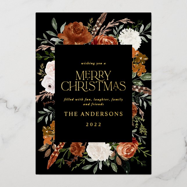 Tarjeta Festiva Con Relieve Metalizado Terracota negra floral botánico elegante guión h (Anverso)