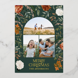 Tarjeta Festiva Con Relieve Metalizado Terracota verde 3 foto arco botánico elegante de