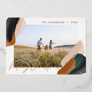 Tarjeta Festiva Con Relieve Metalizado Terracota verde moderna de mínima acuarela foto