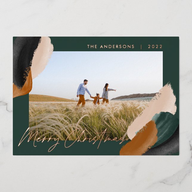 Tarjeta Festiva Con Relieve Metalizado Terracota verde moderna de mínima acuarela foto h (Anverso)