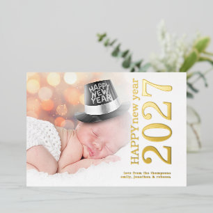 Tarjeta Festiva Con Relieve Metalizado Texto girado de foto moderna Feliz Año Nuevo 2027