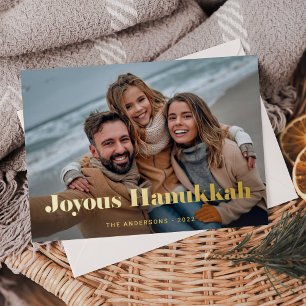 Tarjeta Festiva Con Relieve Metalizado Texto y foto Gold Modern Joyous Hanukkah
