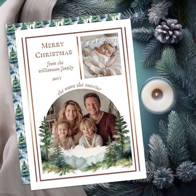 Tarjeta Festiva Con Relieve Metalizado The More The Merrier Christmas Photo  (The More The Merrier "Merry Christmas" 2 Photo Foil  Photo Cards with Back Holiday Message)