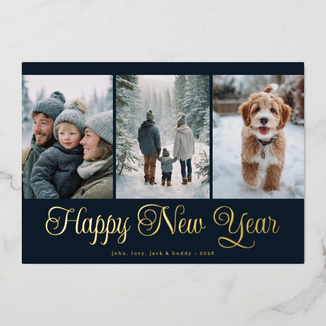 Tarjeta Festiva Con Relieve Metalizado Three Photo New Year (Anverso)