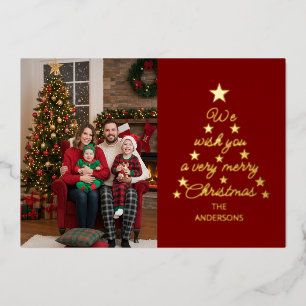 Tarjeta Festiva Con Relieve Metalizado Tipografía de árbol de Navidad estrellas doradas f