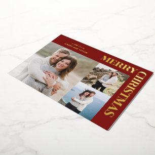 Tarjeta Festiva Con Relieve Metalizado Tipografía de Feliz Navidad Dorado sobre Rojo 3 Fo