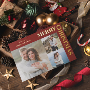 Tarjeta Festiva Con Relieve Metalizado Tipografía de Feliz Navidad Dorado sobre Rojo 3 Fo