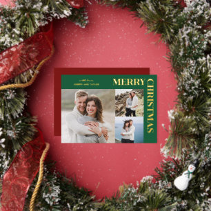 Tarjeta Festiva Con Relieve Metalizado Tipografía de Feliz Navidad Dorado sobre Verde 3 F