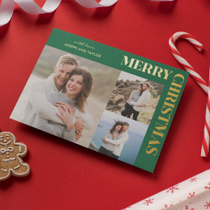 Tarjeta Festiva Con Relieve Metalizado Tipografía de Feliz Navidad Dorado sobre Verde 3 F