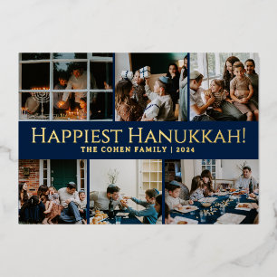 Tarjeta Festiva Con Relieve Metalizado Tipografía de Hanukkah Fotografía familiar azul Co