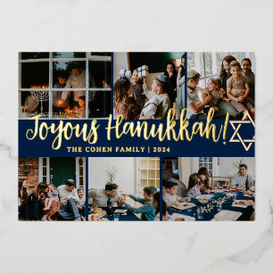 Tarjeta Festiva Con Relieve Metalizado Tipografía de Janucá Azul Collage de fotos familia