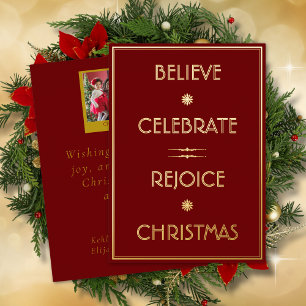 Tarjeta Festiva Con Relieve Metalizado Tipografía de Navidad Cree Celebra Regocija