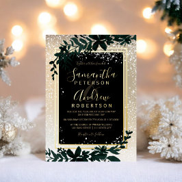 Tarjeta Festiva Con Relieve Metalizado tipografía dorada hoja nieve elegante boda de invi