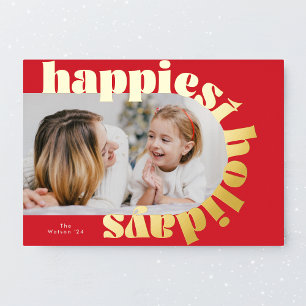 Tarjeta Festiva Con Relieve Metalizado tipografía dorada y negrita & foto de arco rojo de