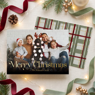 Tarjeta Festiva Con Relieve Metalizado Tipografía elegante de cuadros Merry Christmas Fot