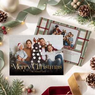 Tarjeta Festiva Con Relieve Metalizado Tipografía elegante de cuadros Navidad Foto alegre