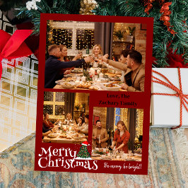 Tarjeta Festiva Con Relieve Metalizado Tipografía familiar simple Navidad tres fotos