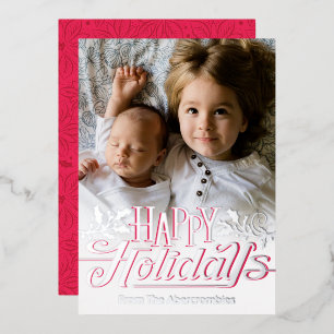 Tarjeta Festiva Con Relieve Metalizado Tipografía Felices Fiestas Foto de Acebo con Hojal