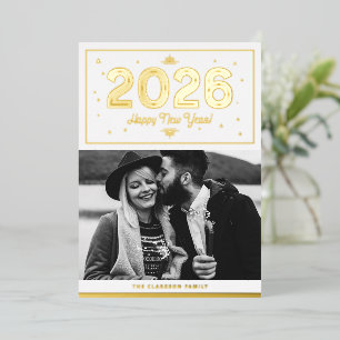Tarjeta Festiva Con Relieve Metalizado Tipografía Geométrica Feliz Año Nuevo 2026 Foto