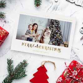 Tarjeta Festiva Con Relieve Metalizado Tipografía moderna de Feliz Navidad con foto perso