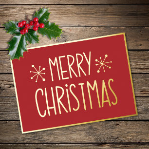 Tarjeta Festiva Con Relieve Metalizado Tipografía moderna de Navidad rojo dorado Feliz Na