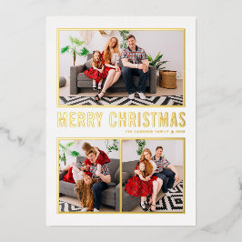 Tarjeta Festiva Con Relieve Metalizado Tipografía moderna Feliz Navidad Tres fotos