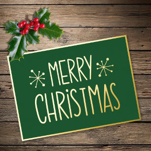 Tarjeta Festiva Con Relieve Metalizado Tipografía moderna verde dorado Feliz Navidad