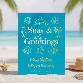 Tarjeta Festiva Con Relieve Metalizado Tipografía navideña costera de mares y saludos