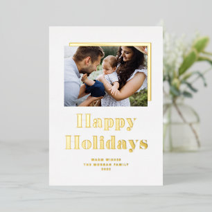 Tarjeta Festiva Con Relieve Metalizado Tipografía Negrita Festiva Foto Felices Fiestas