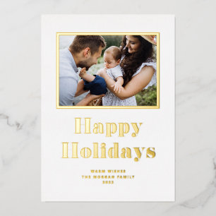 Tarjeta Festiva Con Relieve Metalizado Tipografía Negrita Festiva Foto Felices Fiestas