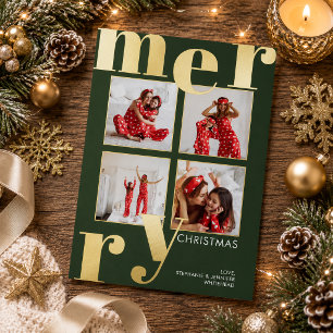 Tarjeta Festiva Con Relieve Metalizado Tipografía Negrita Moderna Verde Foto Navidad