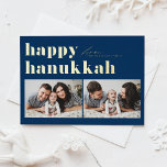 Tarjeta Festiva Con Relieve Metalizado Tipografía Retro Azul Feliz Hanukkah Dos Fotografí<br><div class="desc">¡Feliz Hanukkah! Envíe sus saludos de Hanukkah a la familia y amigos con esta tarjeta de personalizable de foto de Hanukkah. Presenta tipografía retro audaz. Personalice agregando sus detalles. Esta tarjeta personalizado Hanukkah está disponible en otros colores y material de cartón. Los elementos coincidentes están disponibles.</div>