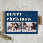 Tarjeta Festiva Con Relieve Metalizado Tipografía Retro Azul Feliz Navidad Dos Fotografía<br><div class="desc">Feliz Navidad! Envíe sus saludos de Navidad a la familia y amigos con esta tarjeta de Navidades de fotos de personalizable. Presenta tipografía retro audaz. Personalice agregando sus detalles. Esta tarjeta de Navidades de Relieve metalizado dorado está disponible en otras cajas. Los elementos coincidentes están disponibles.</div>