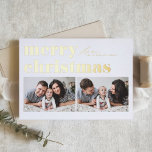 Tarjeta Festiva Con Relieve Metalizado Tipografía retro Feliz Navidad Dos Fotografía<br><div class="desc">Feliz Navidad! Envíe sus saludos de Navidad a la familia y amigos con esta tarjeta de Navidades de fotos de personalizable. Presenta tipografía retro audaz. Personalice agregando sus detalles. Esta tarjeta de Navidades de Relieve metalizado dorado está disponible en otras cajas. Los elementos coincidentes están disponibles.</div>
