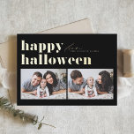Tarjeta Festiva Con Relieve Metalizado Tipografía retro negra Feliz Halloween Dos fotos<br><div class="desc">¡Feliz Halloween! Envíe saludos de Halloween a la familia y amigos con esta tarjeta de personalizable de fotos de Halloween. Presenta tipografía retro audaz. Personalice agregando sus detalles. Esta tarjeta de Relieve metalizado dorado de Halloween está disponible en otras cajas. Los elementos coincidentes están disponibles.</div>