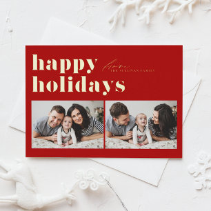 Tarjeta Festiva Con Relieve Metalizado Tipografía Retro Roja Felices Fiestas Dos Fotograf