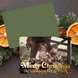 Tarjeta Festiva Con Relieve Metalizado Tipografía Retro Simple y de Moda Foto Navidad