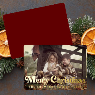 Tarjeta Festiva Con Relieve Metalizado Tipografía Retro Simple y de Moda Foto Navidad