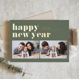 Tarjeta Festiva Con Relieve Metalizado Tipografía Retro Verde Feliz Año Nuevo Dos Foto